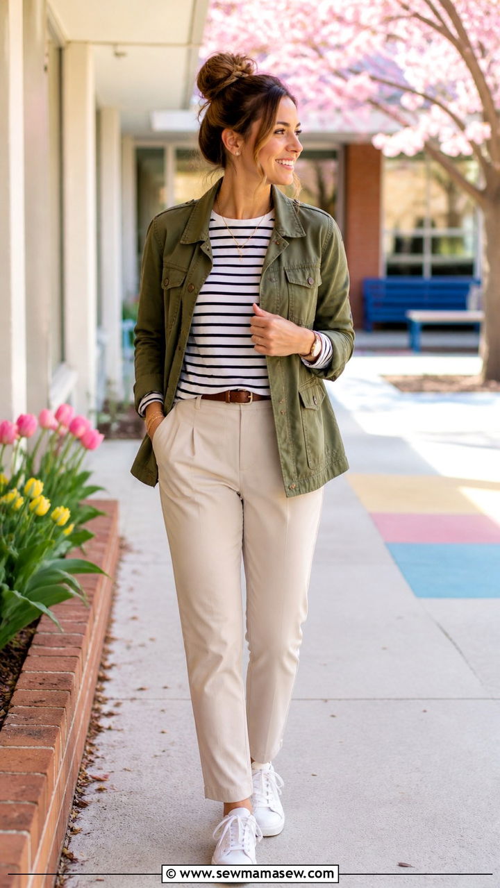 Olive Utility Jacket With Striped Tee And Trousers Outfit - 40 Spring teacher outfits