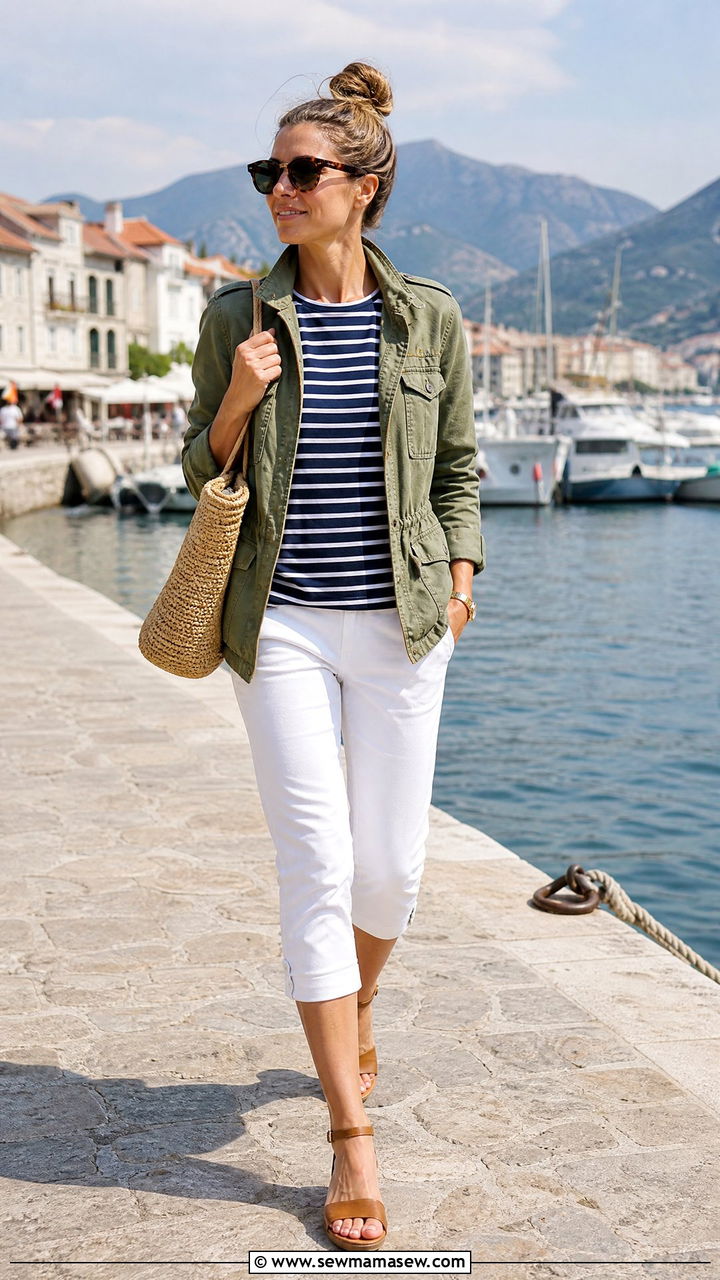 Olive Utility Jacket With Striped Tee And White Capris - 30 Summer outfits with utility jacket