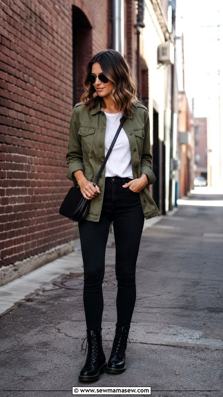 Olive Utility Jacket With White Tee And Black Skinny Jeans - 30 casual minimalist outfits