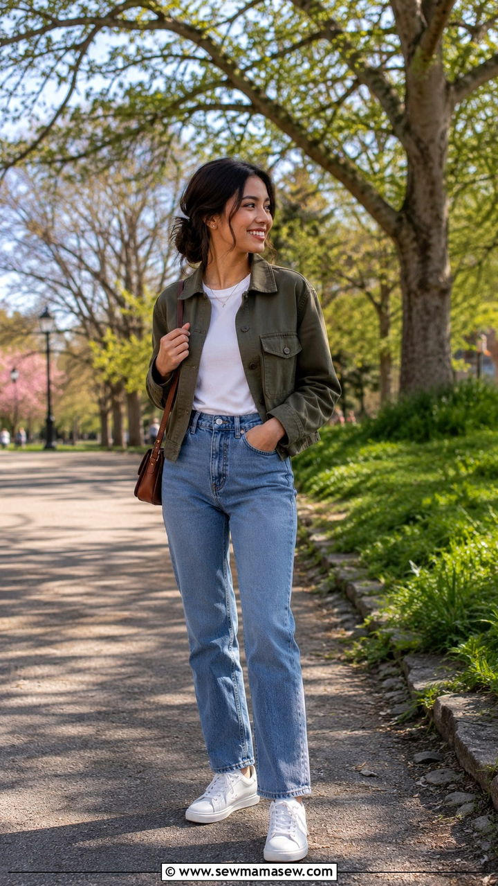 Olive Utility Jacket With White Tee and Jeans - 30 spring petite outfit ideas