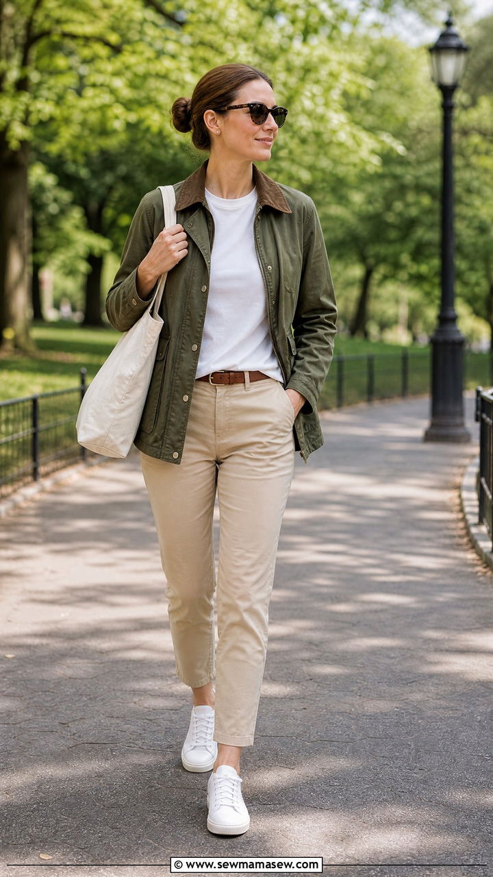 Olive Utility Jacket and Beige Chinos - 25 Old money outfit ideas budget