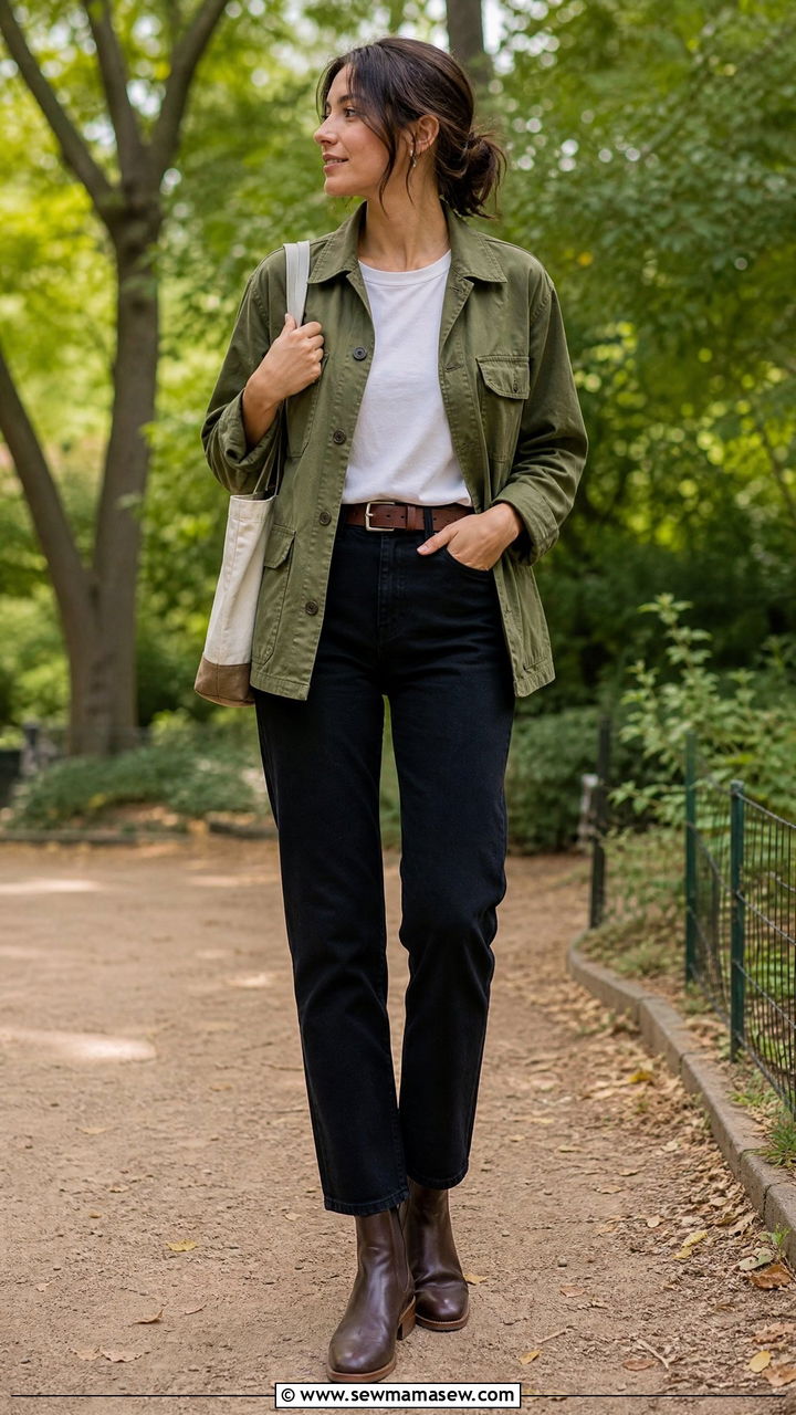 Olive Utility Jacket and Black Jeans - 30 minimalist outfit ideas for women
