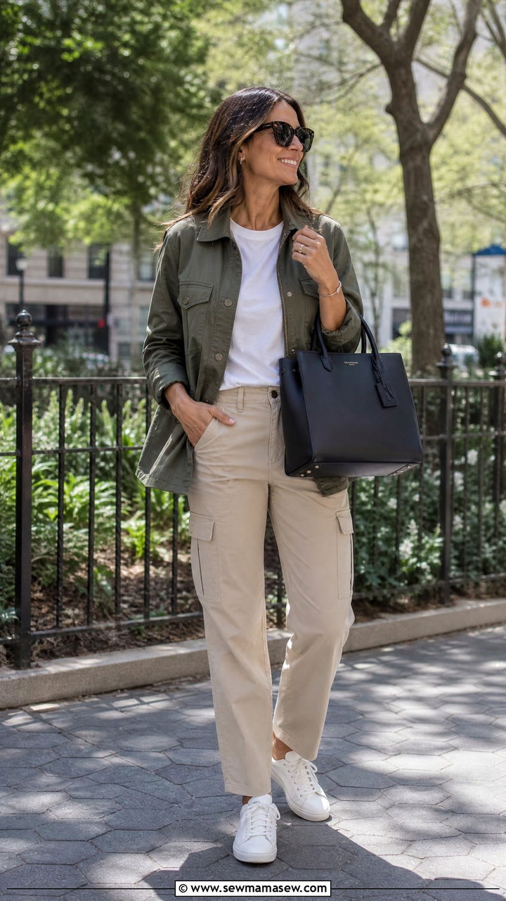 Olive Utility Jacket and Cargo Pants Outfit - 30 minimalist capsule wardrobe outfits