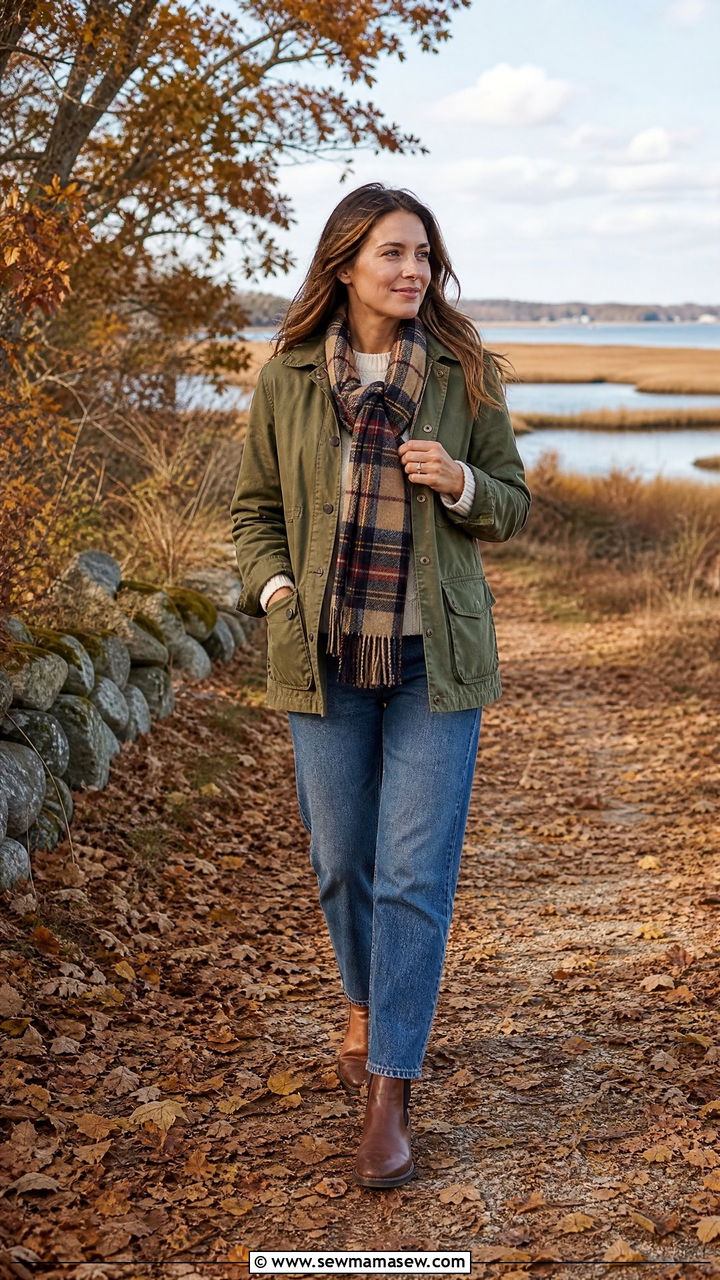 Olive Utility Jacket and Jeans Cape Cod Fall - 25 Old money outfit ideas for Cape Cod