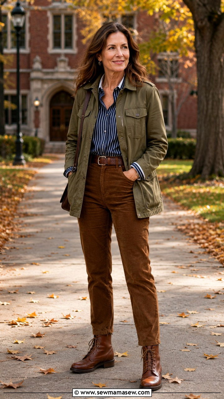 Olive Utility Jacket and Striped Button Up with Corduroy Pants - 20 dark academia outfit ideas for women over 40