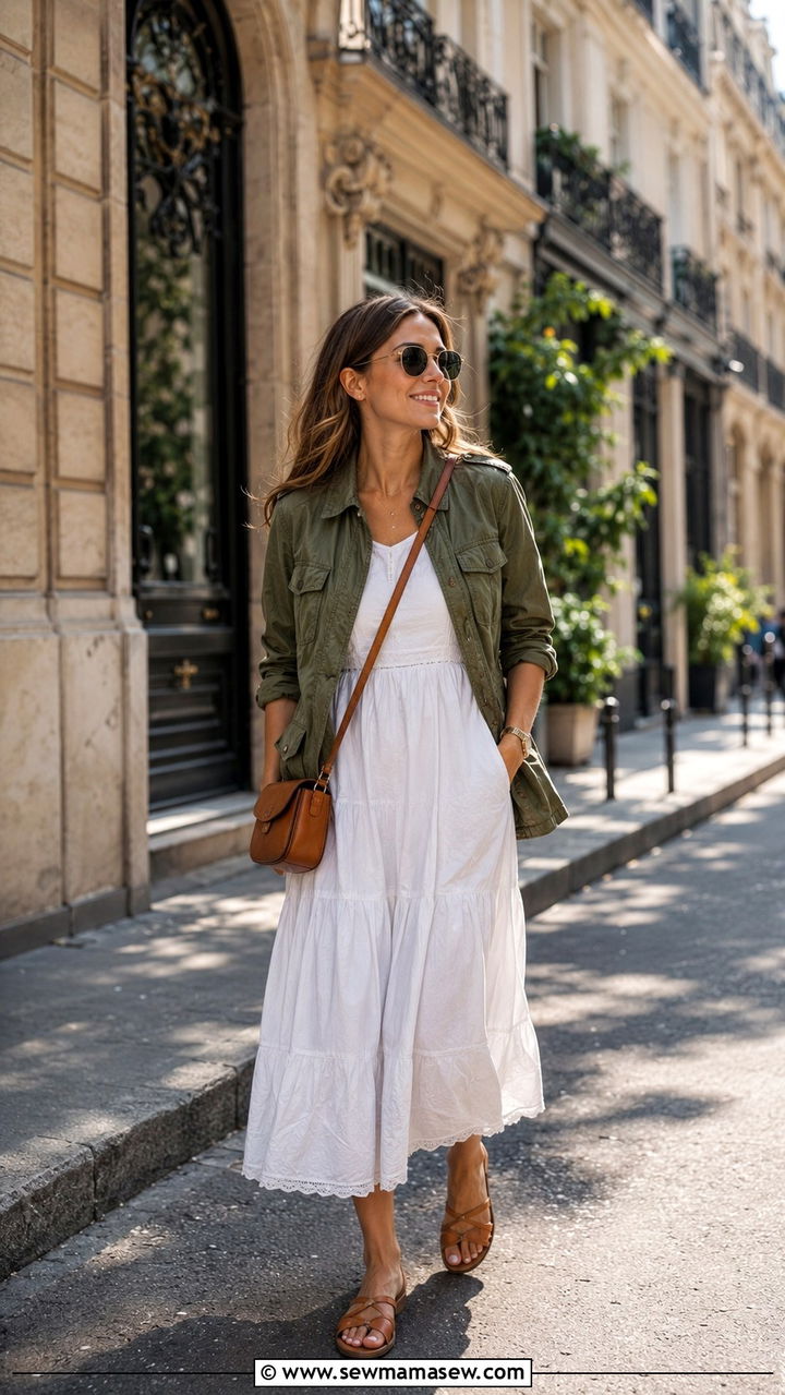 Olive Utility Jacket and White Dress - 30 Parisian summer outfits