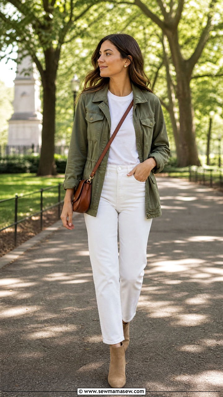 Olive Utility Jacket and White Jeans - 30 clean girl outfits inspo