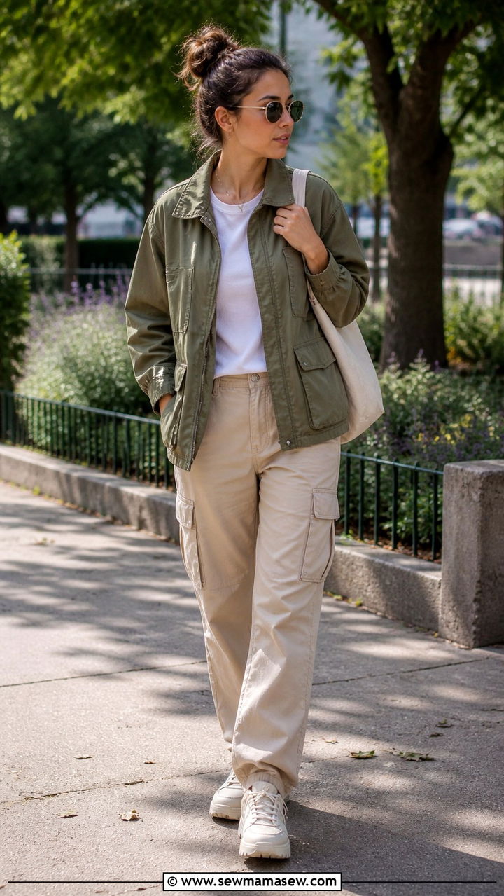 Olive Utility Jacket with Beige Cargo Pants - 40 Neutral outfit ideas