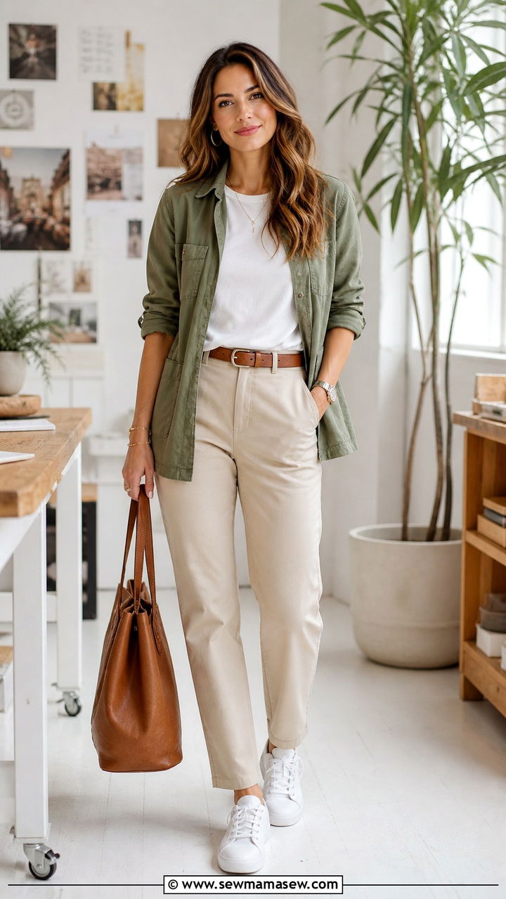 Olive Utility Jacket with Beige Trousers and Clean Sneakers - 40 classy business casual outfits