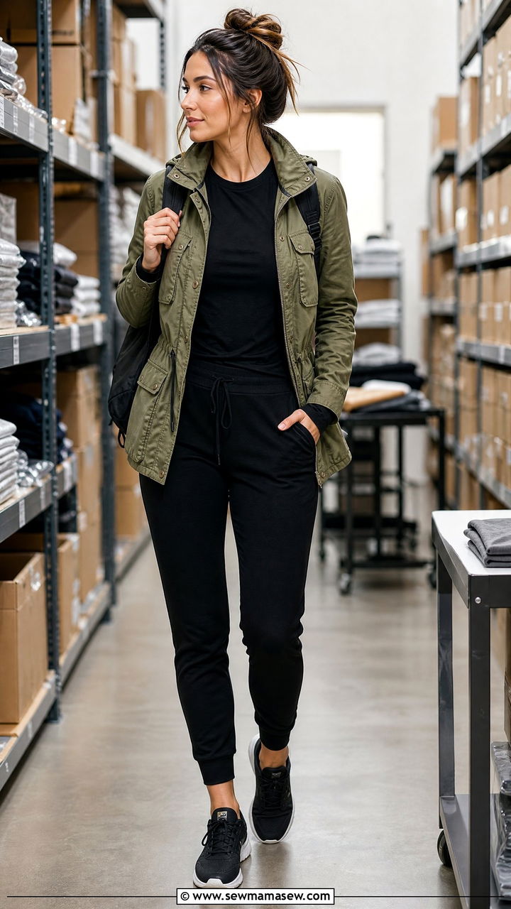 Olive Utility Jacket with Black Joggers Outfit - 30 Retail work outfit ideas