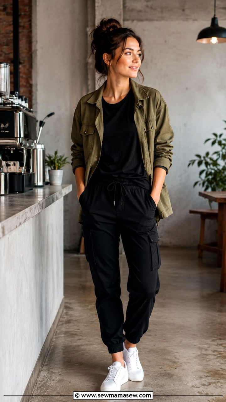 Olive Utility Jacket with Black Top and Cargo Joggers - 30 Spring outfit ideas for barista