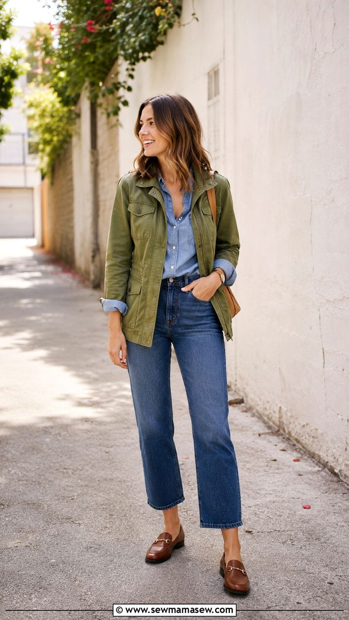 Olive Utility Jacket with Chambray Shirt and Kick Crop Jeans - 30 loafers outfit ideas for women
