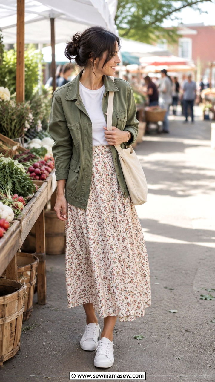 Olive Utility Jacket with Midi Skirt - 30 spring outfits for modest women
