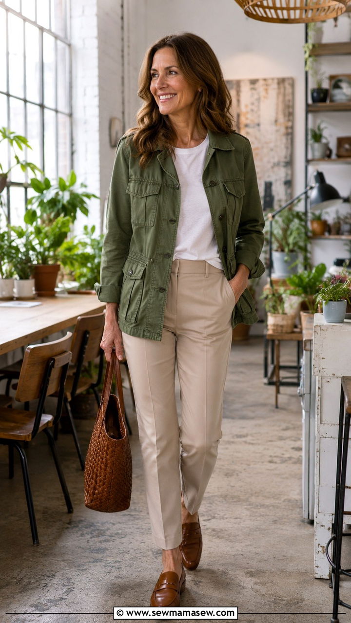 Olive Utility Jacket with Neutral Trousers and Loafers - 30 office outfits for women over 40