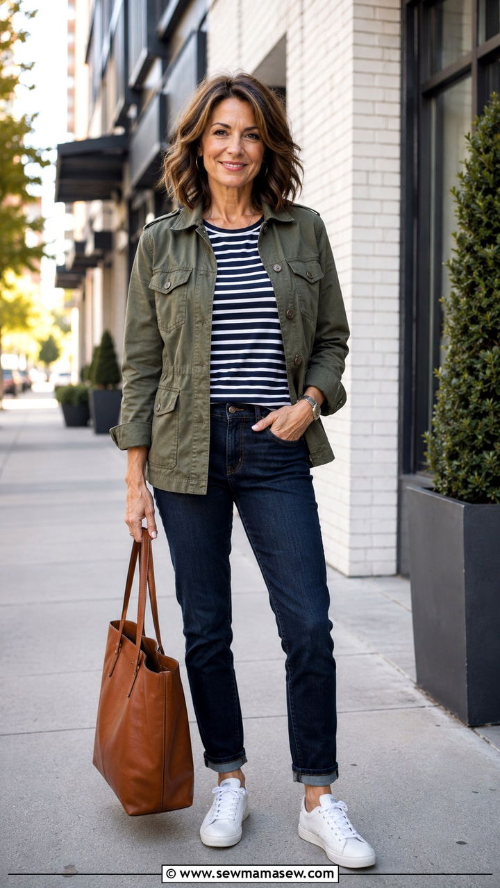 Olive Utility Jacket with Striped Shirt and Dark Wash Jeans - 30 job interview outfits for women over 40