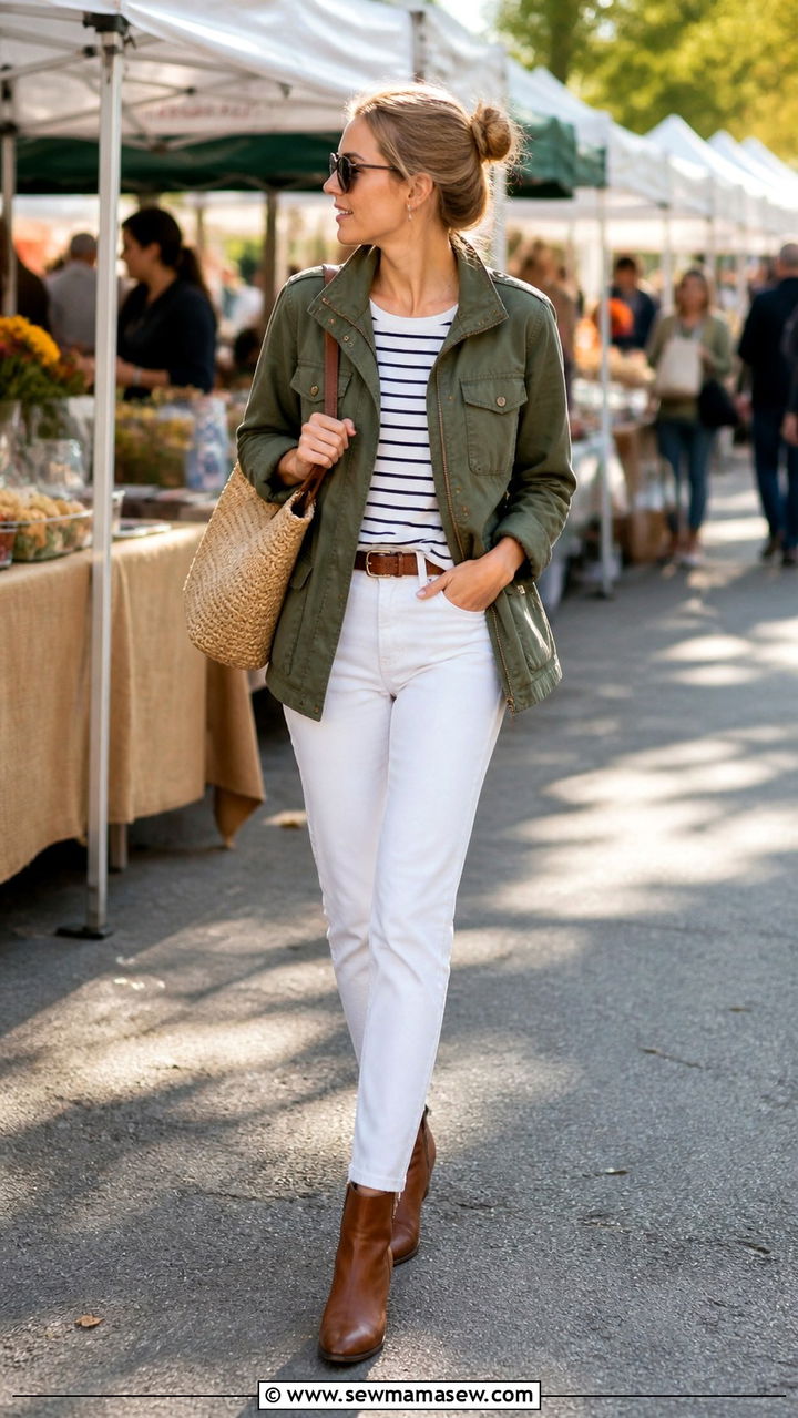 Olive Utility Jacket with Striped Top and White Jeans - 40 old money outfits ideas
