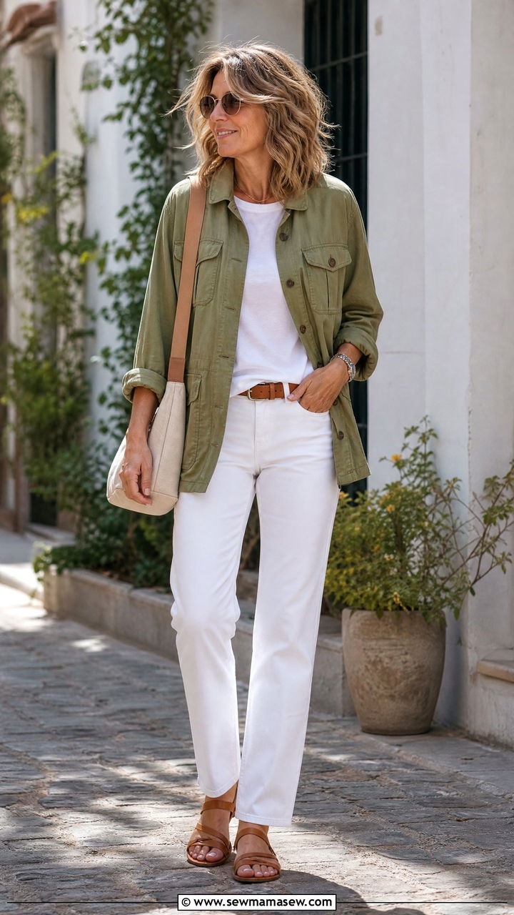 Olive Utility Jacket with White Denim - 35 Minimalist outfit ideas for women over 40