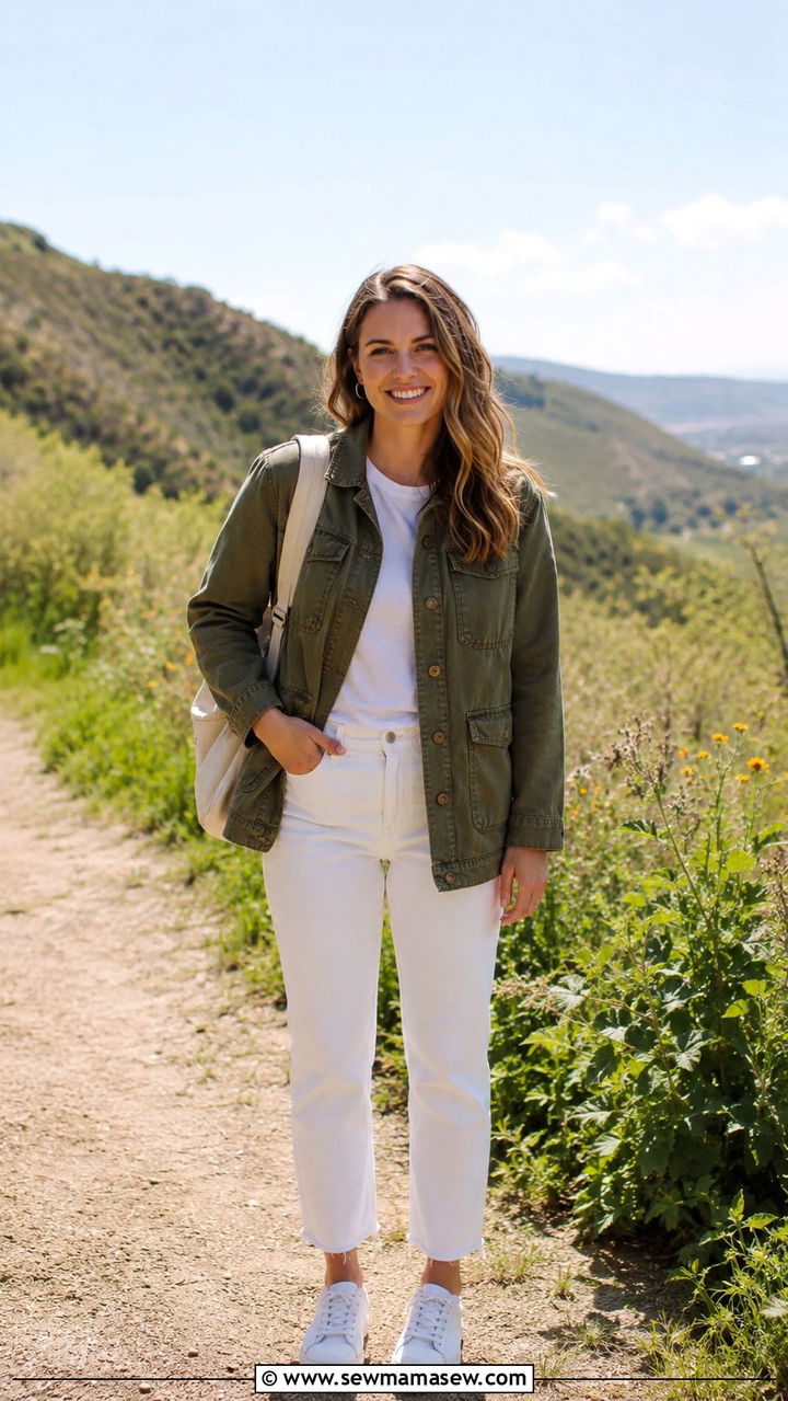 Olive Utility Jacket with White Jeans and Sneakers - 30 Spring outfit ideas for teacher