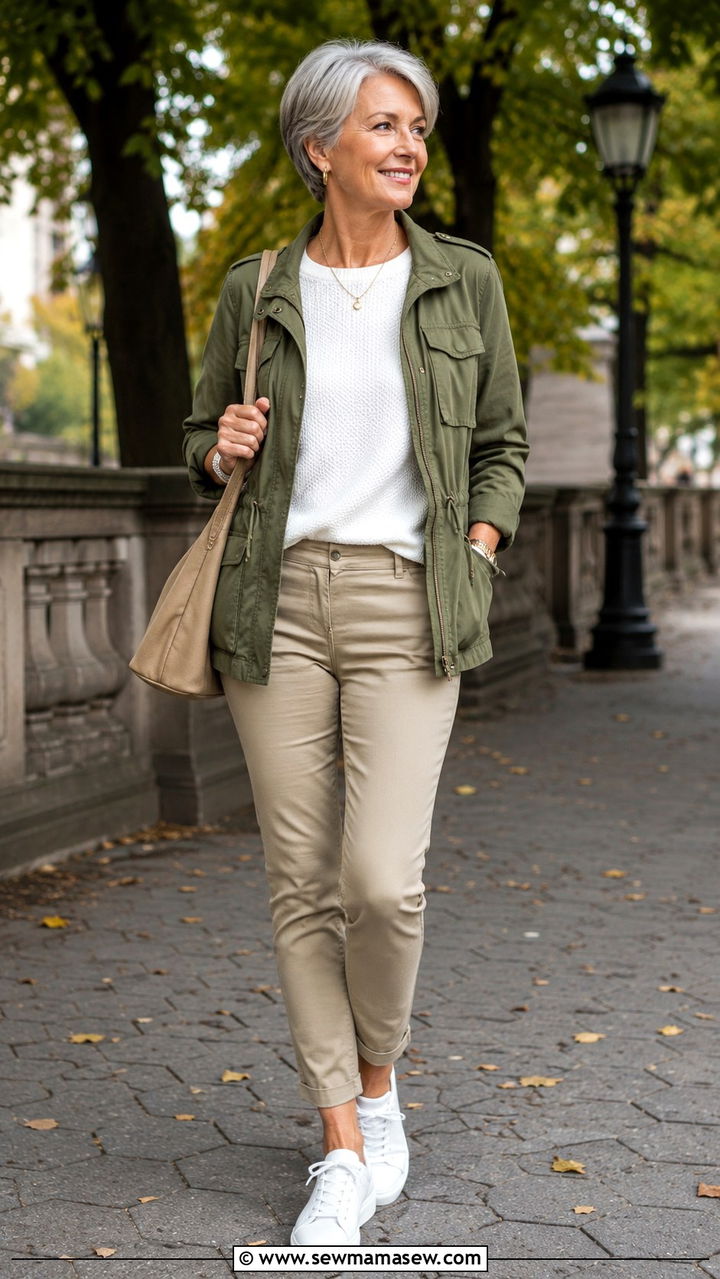 Olive Utility Jacket with White Knit Top and Slim Khaki Pants - 30 Capsule wardrobe women over 50