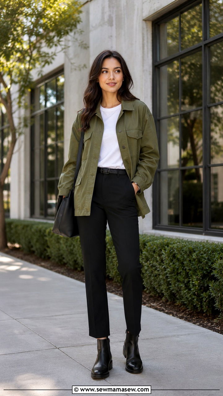 Olive Utility Jacket with White Tee and Black Trousers - 30 LinkedIn photo outfit ideas