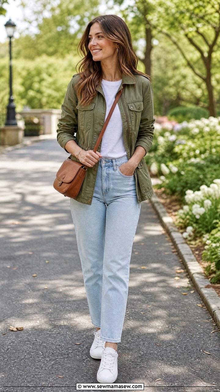 Olive Utility Jacket with White Tee and Light Wash Jeans - 25 casual classy outfits