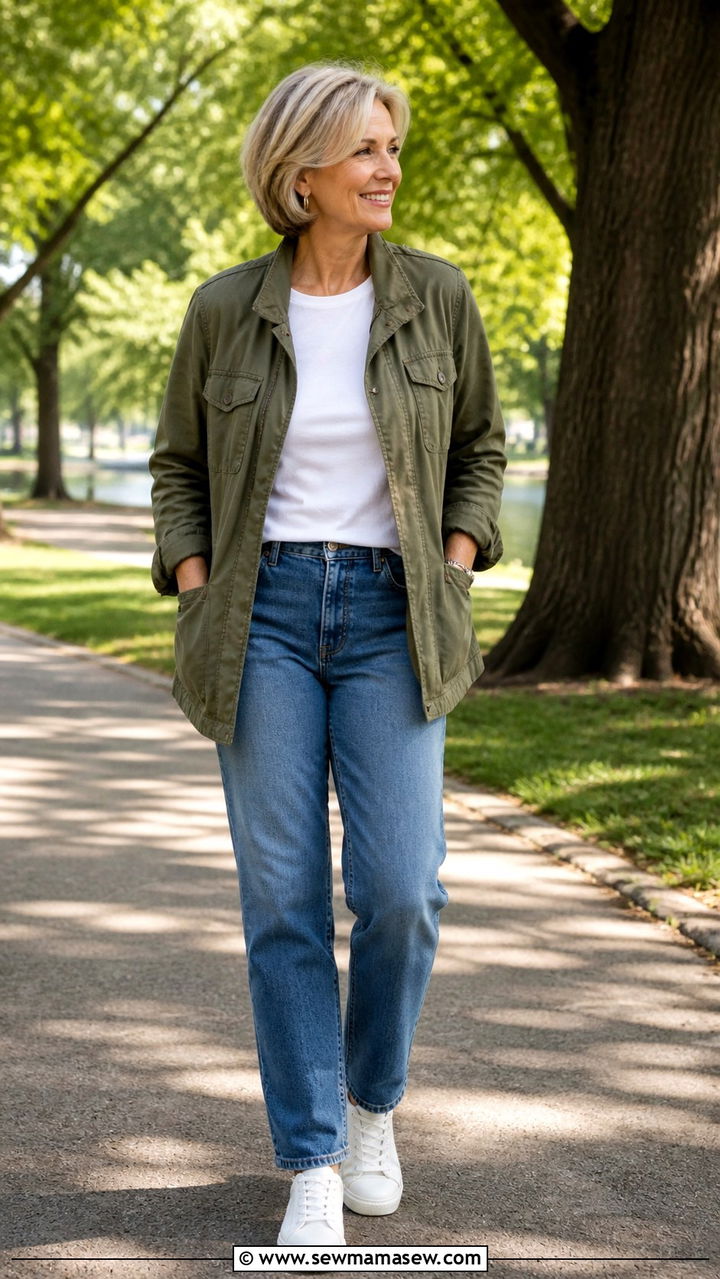 Olive Utility Jacket with White Tee and Straight Jeans - 40 Outfit ideas for women over 50