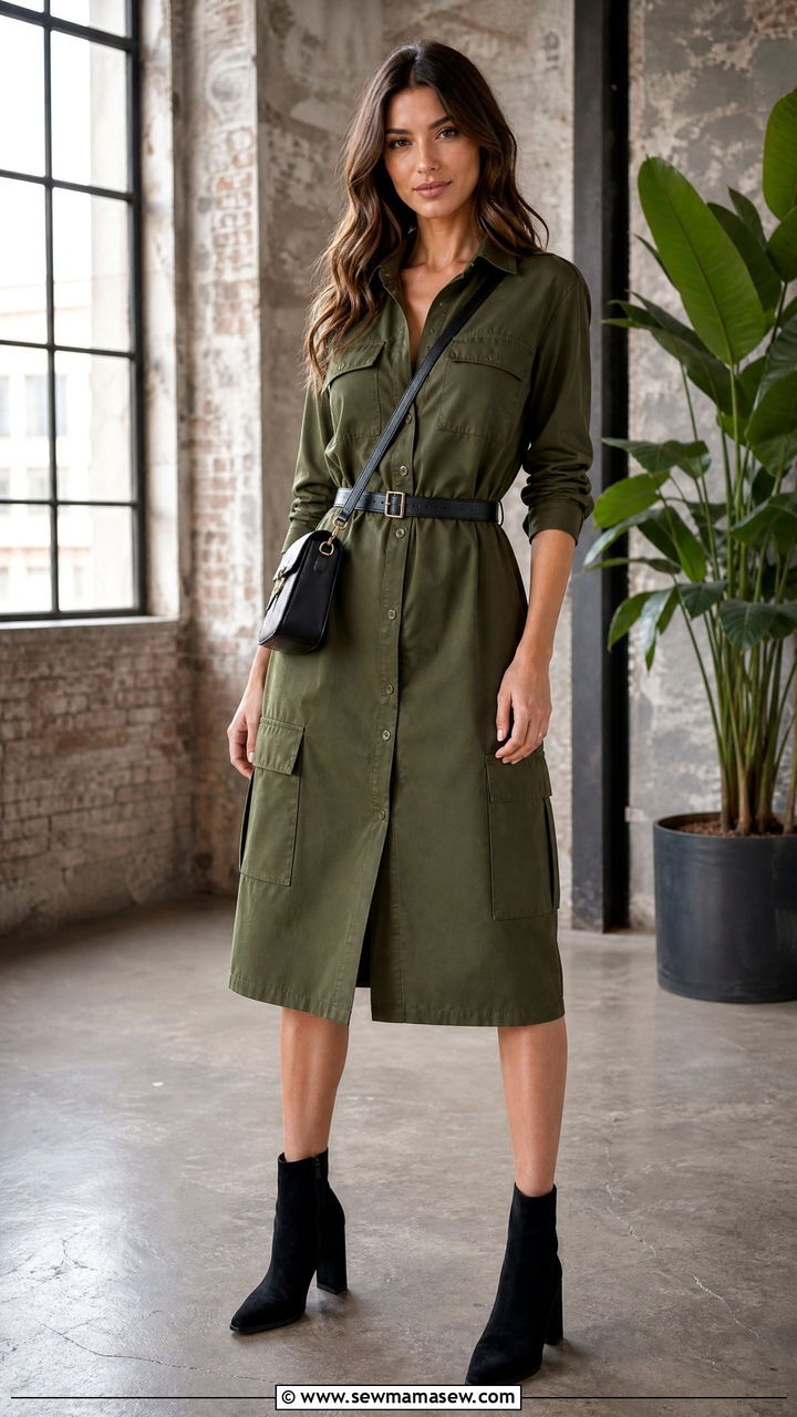 Olive Utility Shirt Dress with Ankle Boots - 25 chic shirt dress outfit ideas