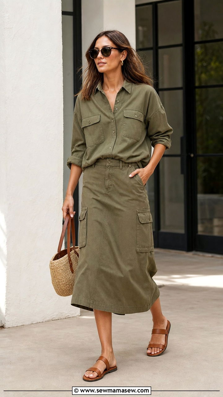 Olive Utility Shirt With Cargo Midi Skirt - 25 Summer clean girl outfits 2026