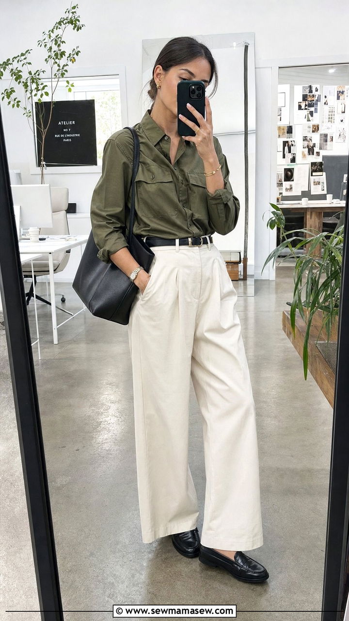 Olive Utility Shirt and Cream Wide Leg Trousers Work Outfit - 25 Stealth wealth outfit ideas for work