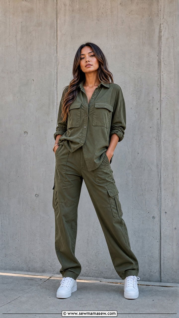 Olive Utility Top and Cargo Pants Matching Set - 25 Matching set outfit ideas neutral