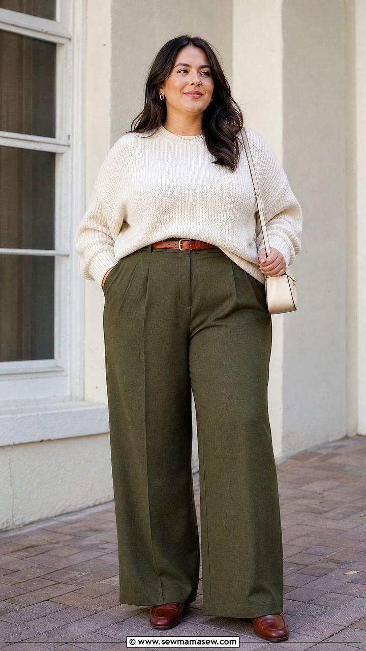 Olive Wide Leg Trousers And Cream Knit Plus Size Look - 25 Quiet luxury outfit ideas plus size