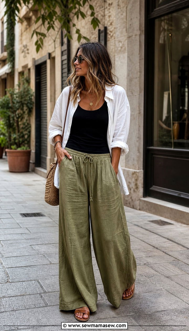 Olive Wide Leg Trousers With Fitted Tank And Oversized Shirt - 35 Boho spring outfit ideas 2026