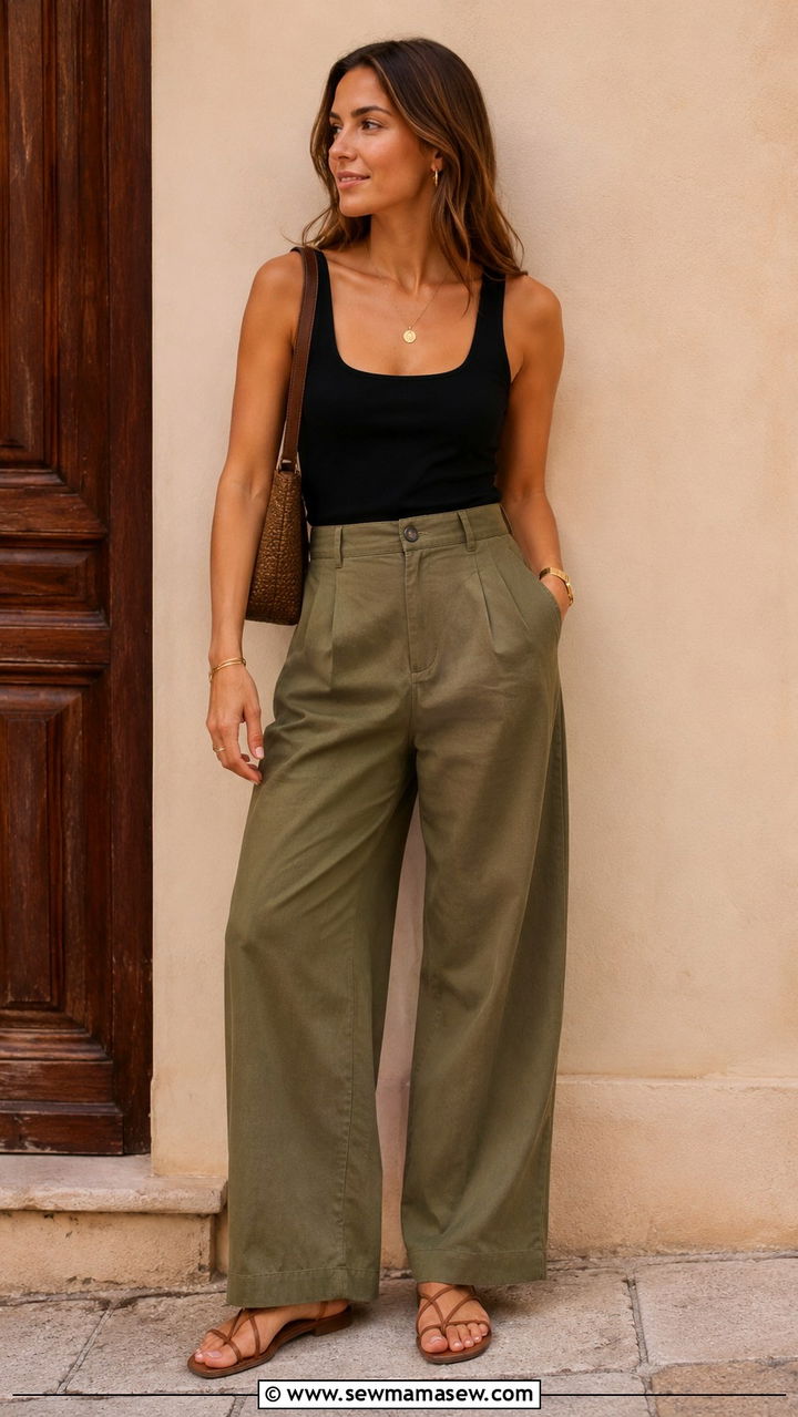 Olive Wide Leg Trousers with a Black Tank and Flat Sandals - 25 Wide leg trousers outfit ideas with a tank top