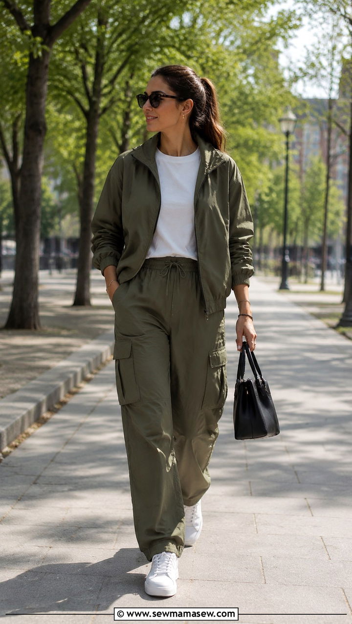 Olive Windbreaker with Cargo Pants and a Structured Black Bag - 30 Spring outfits in neutral