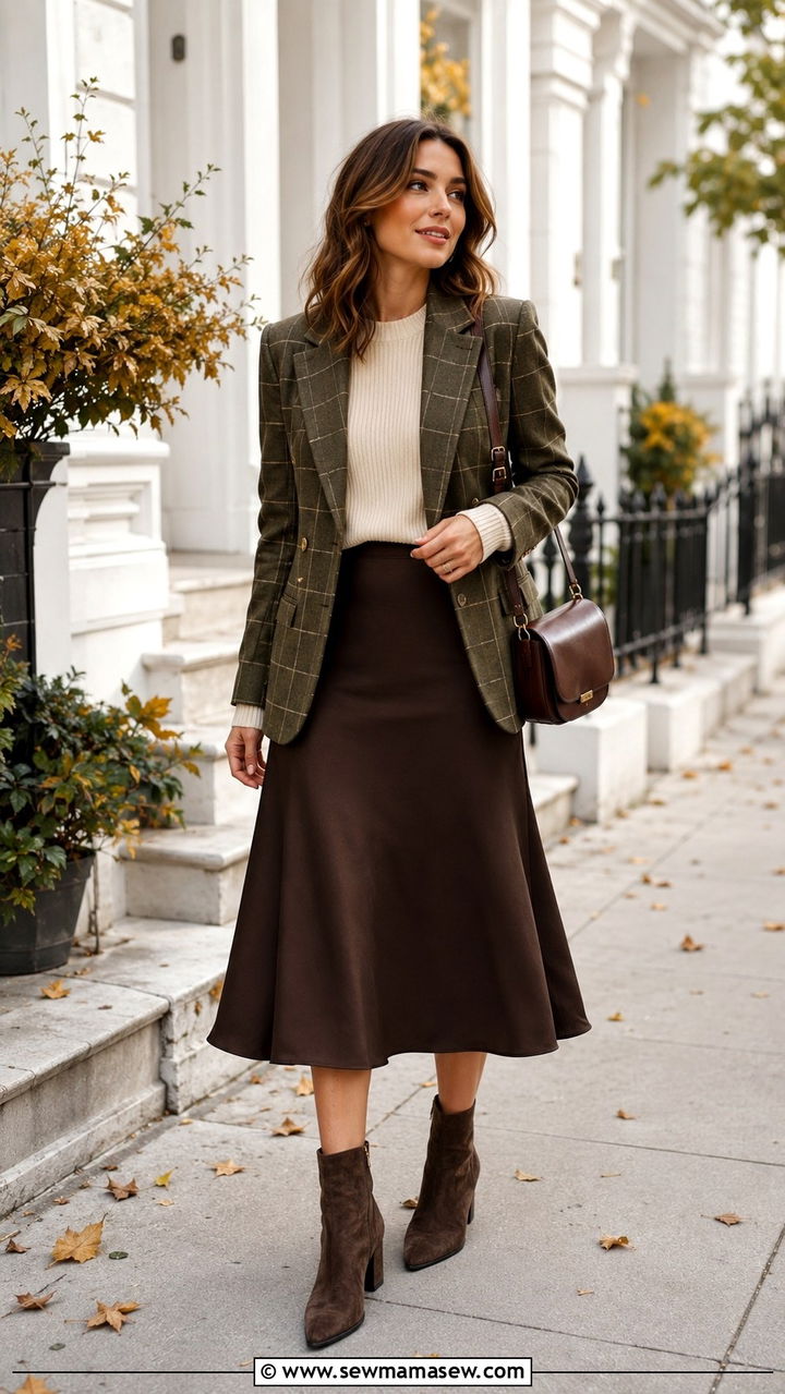 Olive Windowpane Blazer With Chocolate Midi Skirt - 25 Old money outfit ideas with blazer