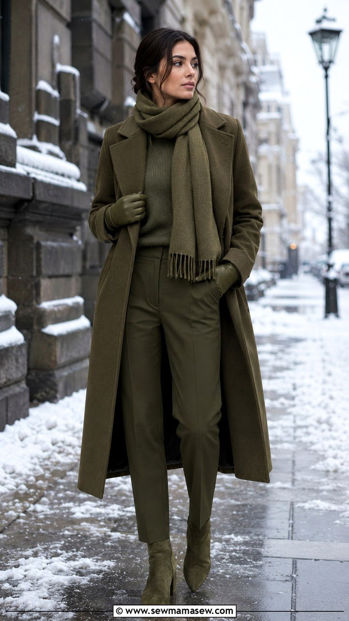 Olive Wool Coat Layered Outfit - 30 Monochromatic olive outfits