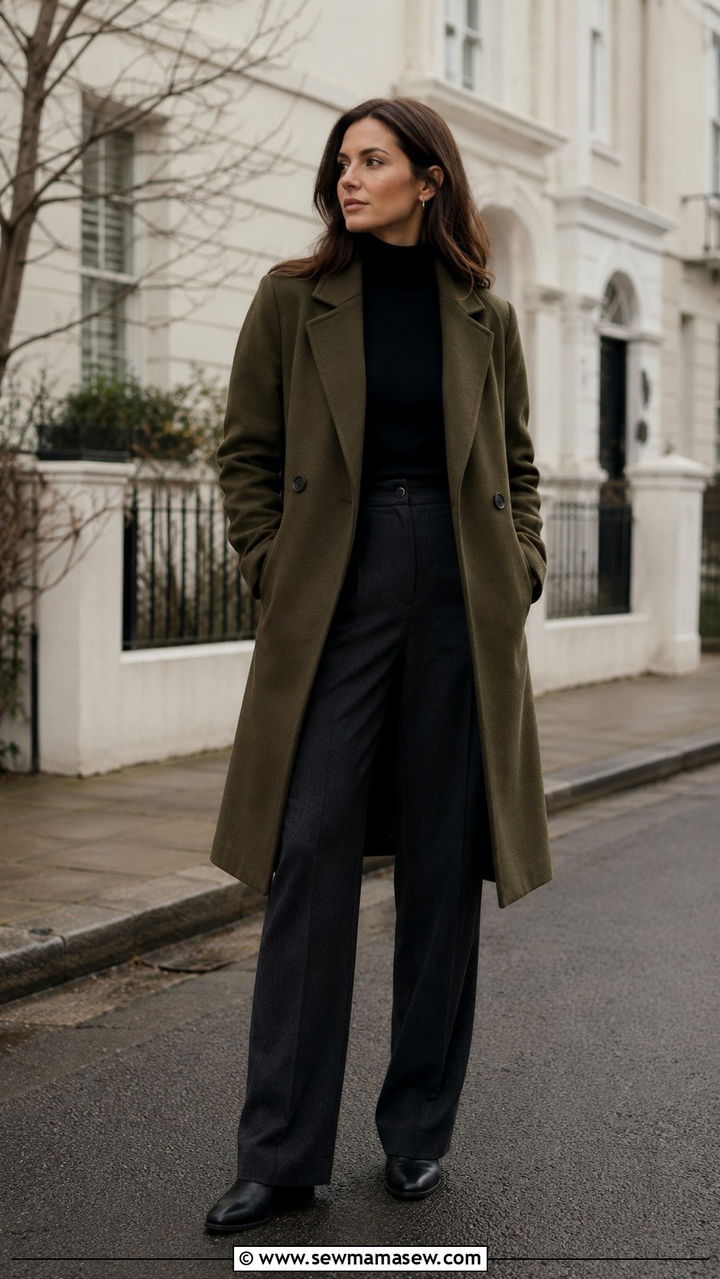 Olive Wool Coat With Black Turtleneck And Charcoal Trousers - 30 Quiet luxury capsule wardrobe