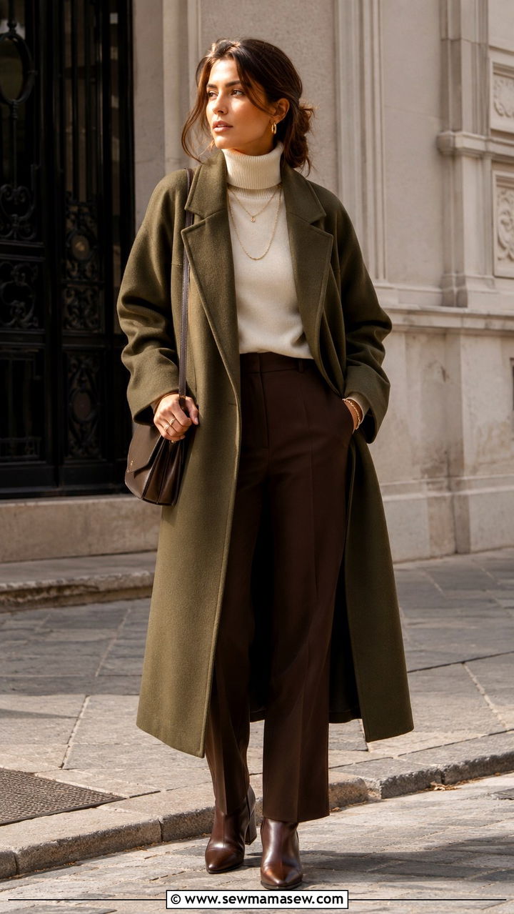 Olive Wool Coat with Cream Turtleneck and Brown Trousers - 20 Old money outfit ideas Gwyneth Paltrow