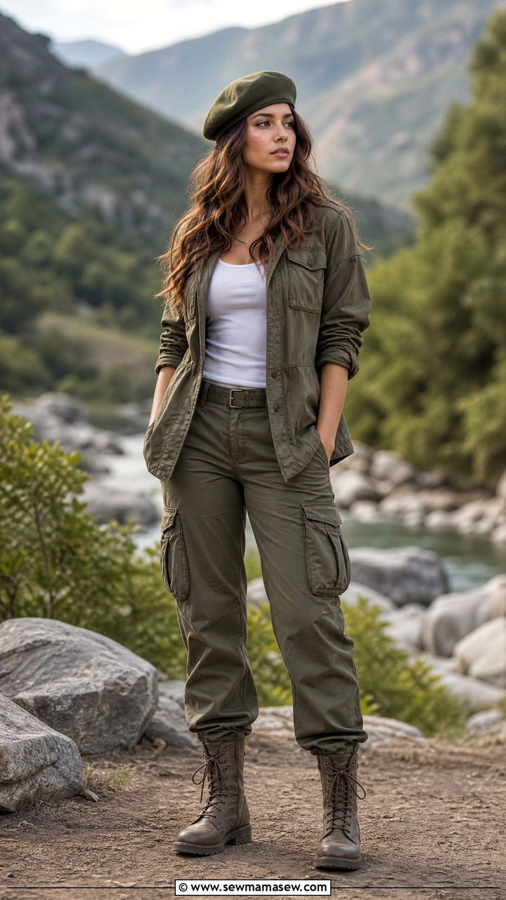 Olive beret with a utility jacket - 35 Beret outfit ideas