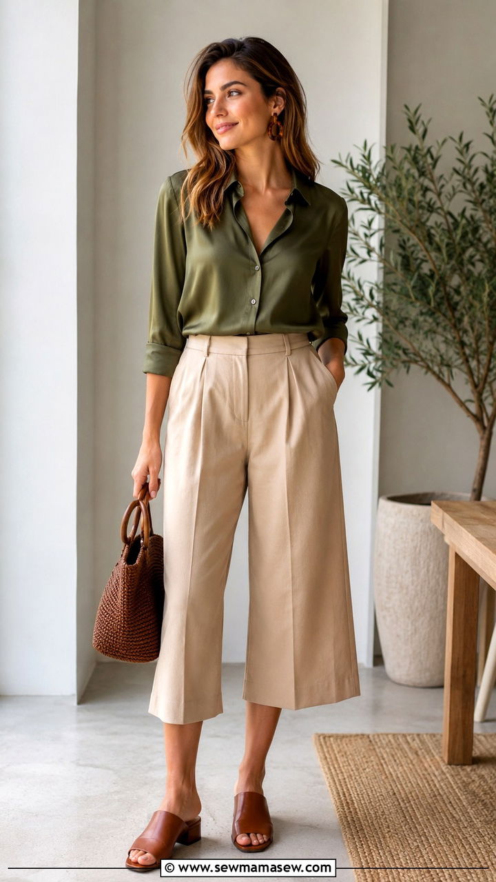 Olive blouse with beige culottes and mules - 30 business casual outfits inspo
