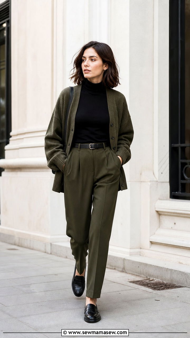 Olive cardigan and matching trousers - 25 dark academia outfits inspo