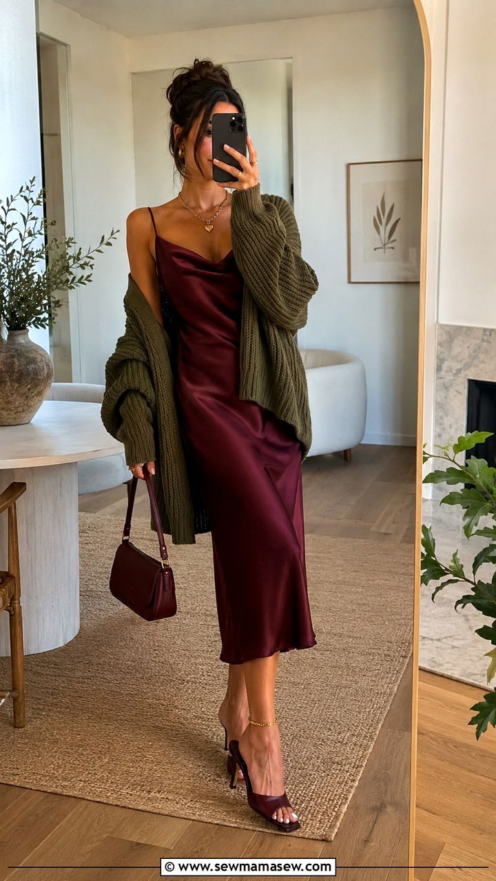 Olive cardigan with burgundy slip dress outfit - 25 Olive and burgundy outfit ideas