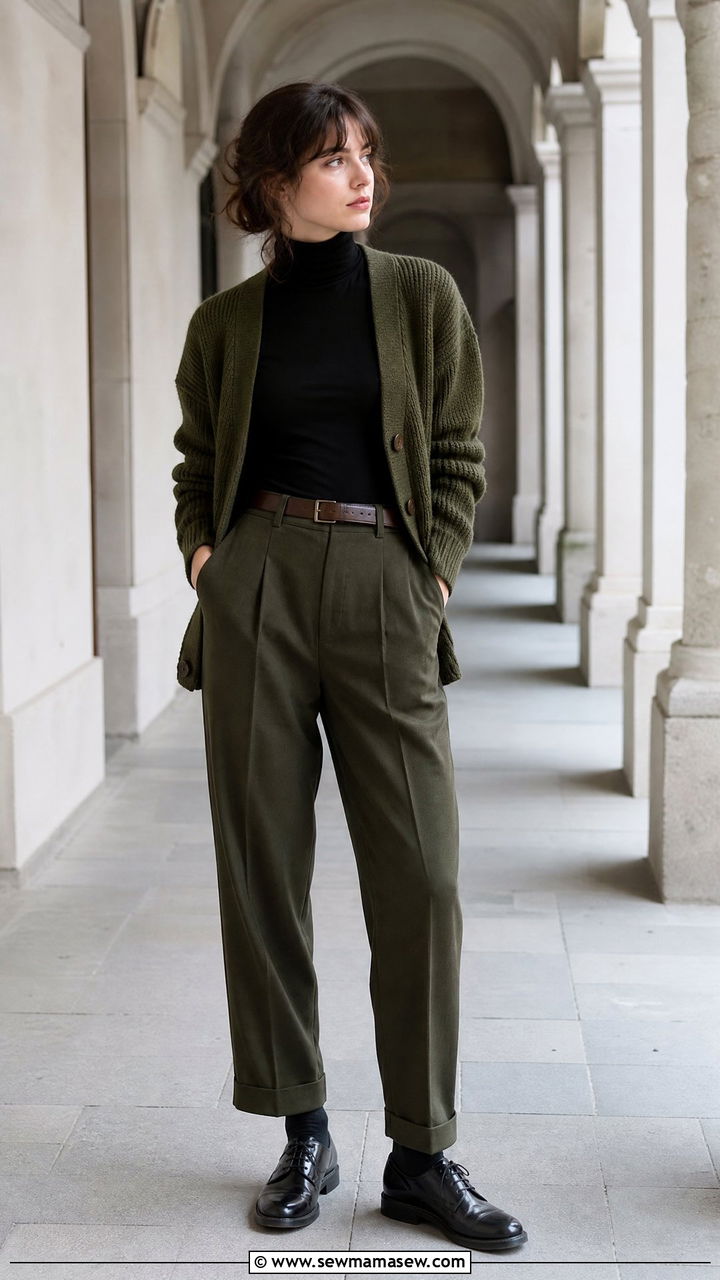 Olive cardigan with matching tailored trousers outfit - 25 classy dark academia outfit ideas