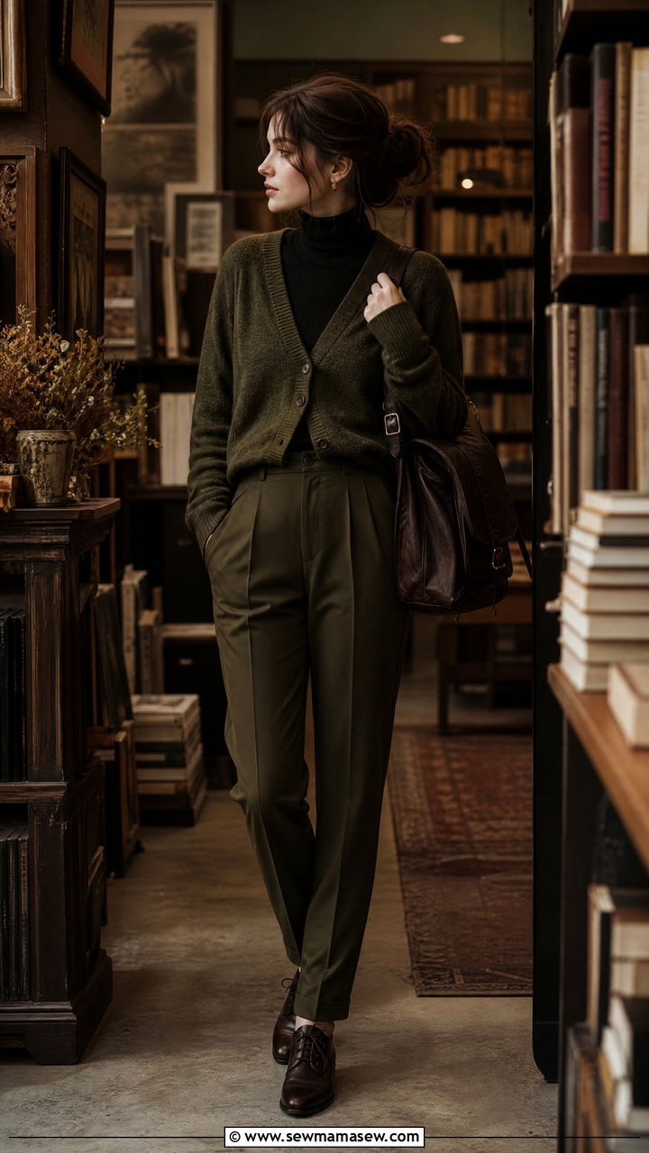 Olive cardigan with matching trousers outfit - 30 dark academia outfits ideas