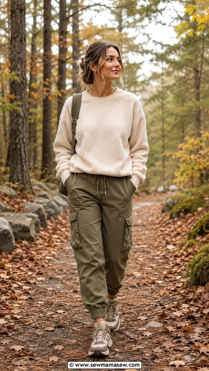 Olive cargo joggers with cream crewneck sweatshirt - 30 Loungewear outfit ideas 2026