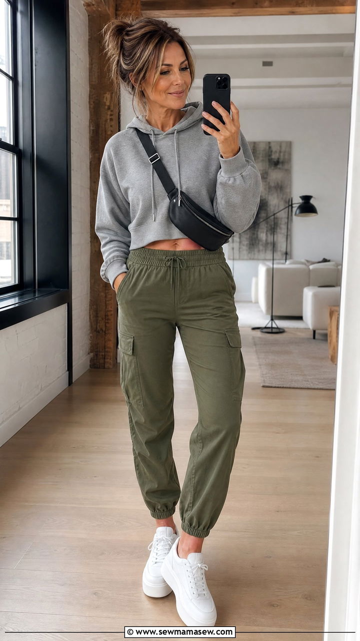 Olive cargo joggers with cropped hoodie outfit - 25 Cargo pants outfit ideas for women over 40