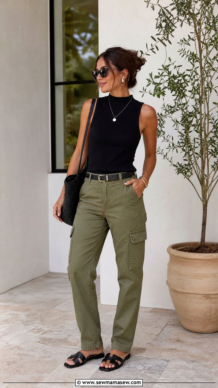 Olive cargo pants and a black sleeveless top - 30 Summer capsule wardrobe over 40
