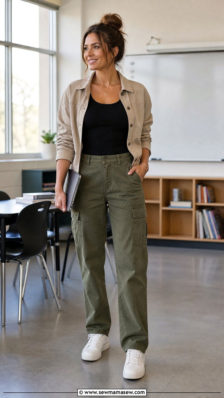 Olive cargo pants and ribbed tank teacher outfit - 30 summer teacher outfit ideas