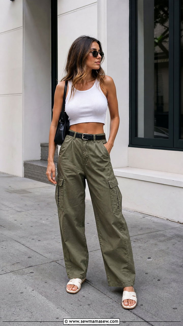 Olive cargo pants and white cropped tank - 30 summer neutral outfit ideas