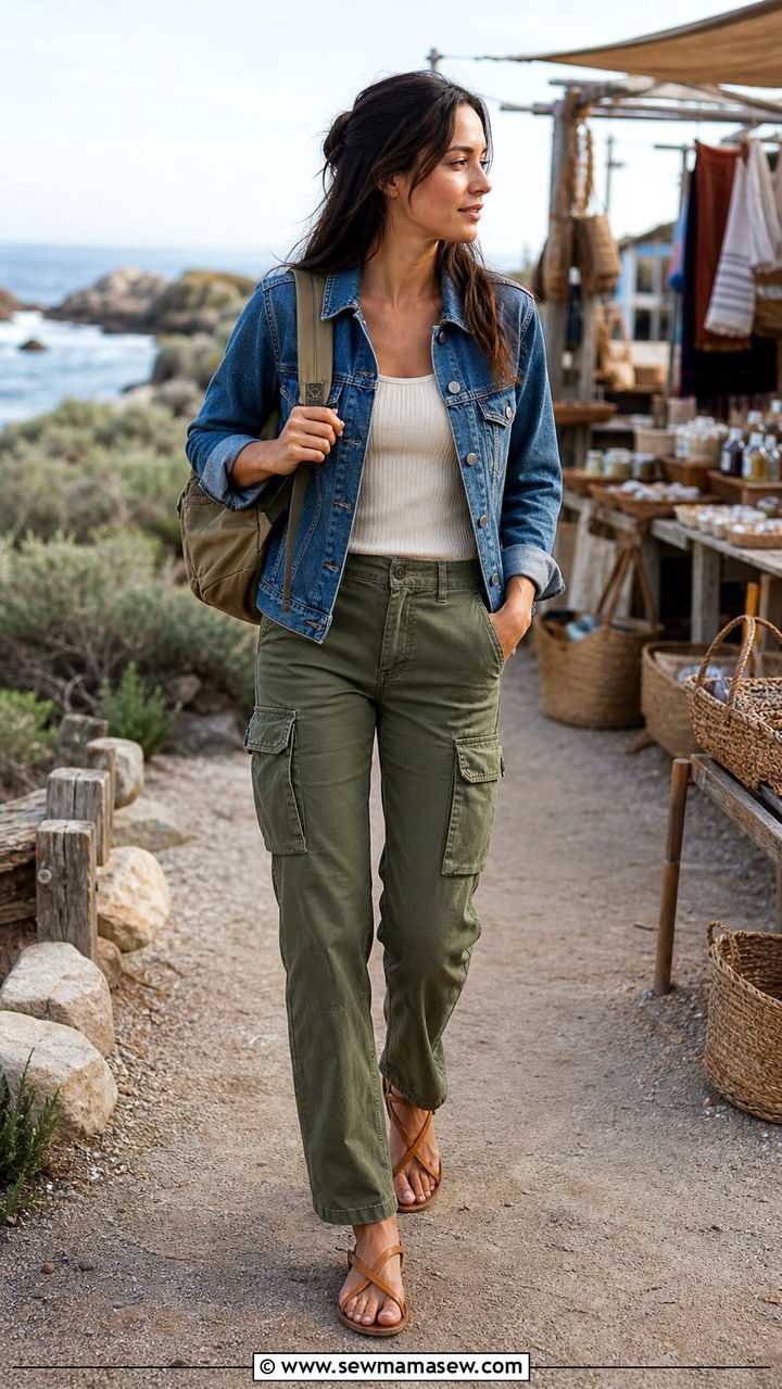 Olive cargo pants with a cream tank denim jacket and sandals - 40 Coastal spring outfits